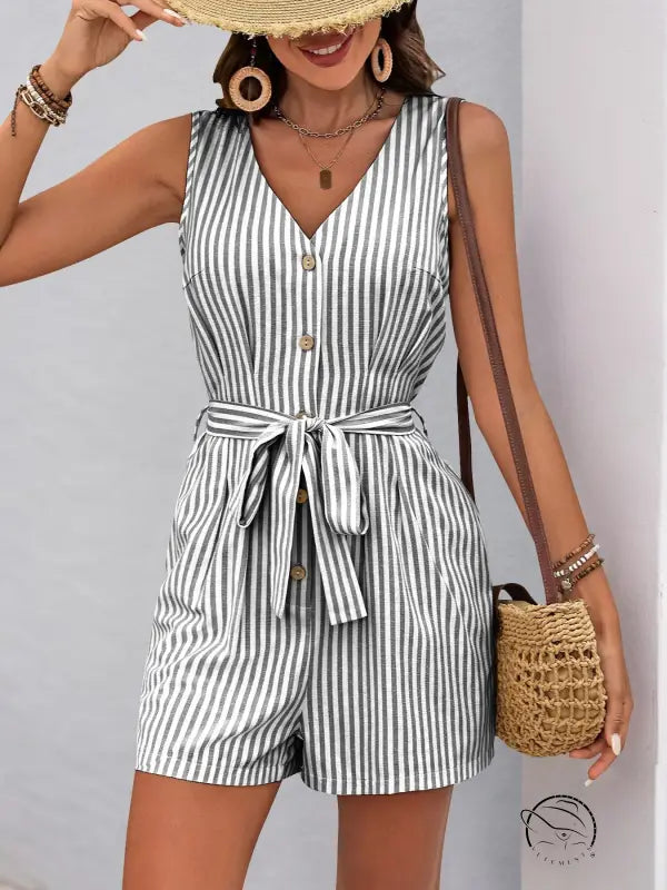 Beautiful summer jumpsuit: sleeveless striped romper with v-neck and tie waist