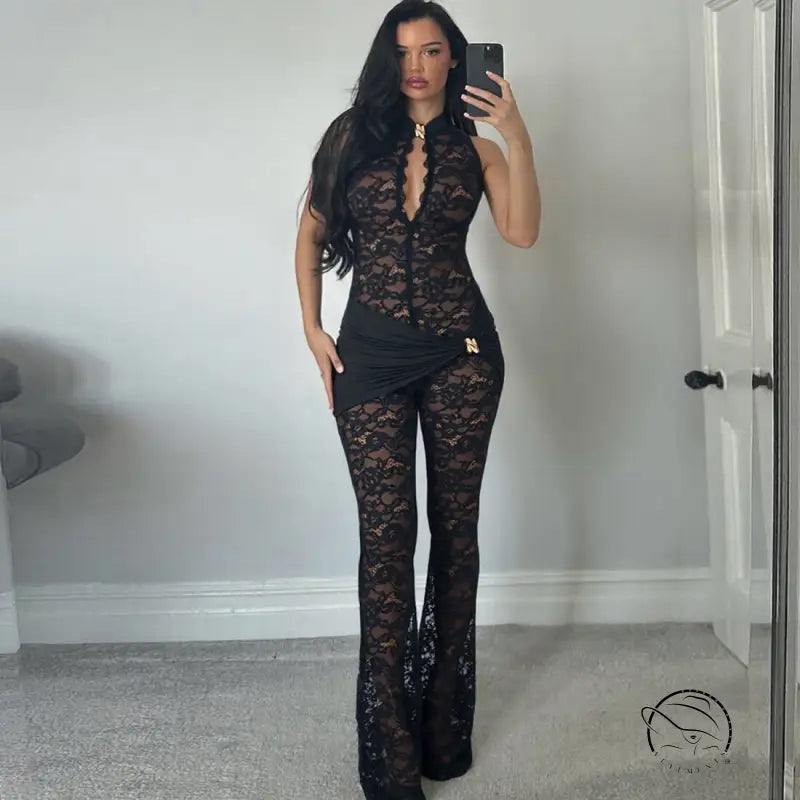 Langry black lace jumpsuit with flared legs and deep neckline