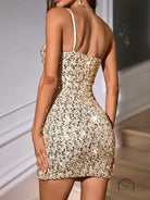 Sparkly gold sequined langry fashion one shoulder backless dress