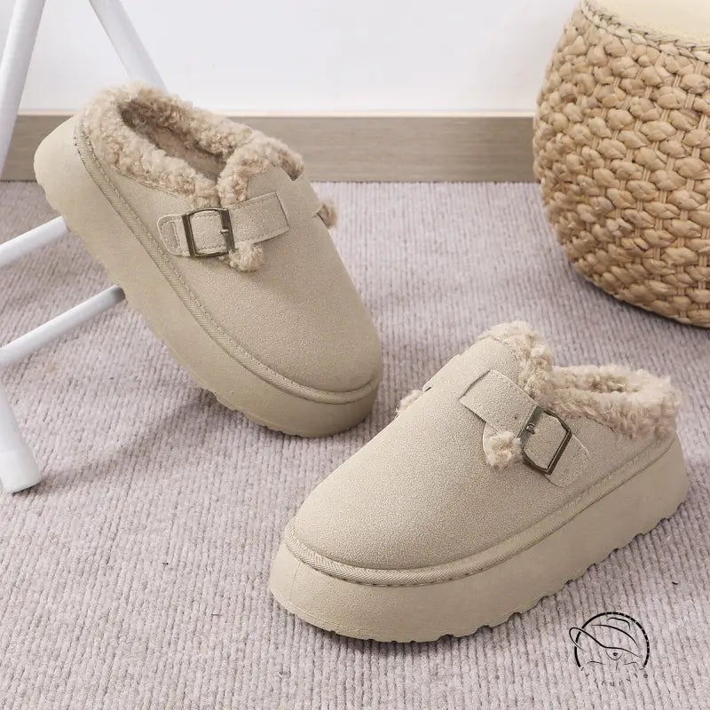 Beige platform slipper shoes with buckle from Langry fashion casual thermal cotton slippers
