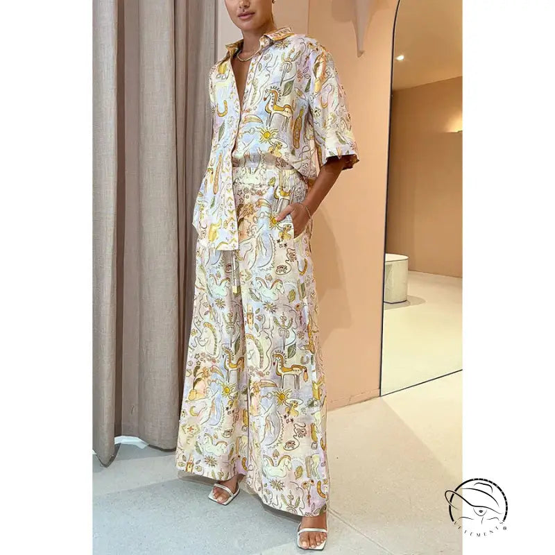 Summer casual patterned pajama set for women, loose two-piece fashion