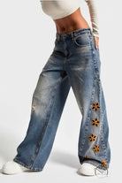 Fashionable high waist langry denim trousers with floral embroidery