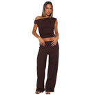 Brown off-the-shoulder top and pants set, perfect for Langry fashion ملابس
