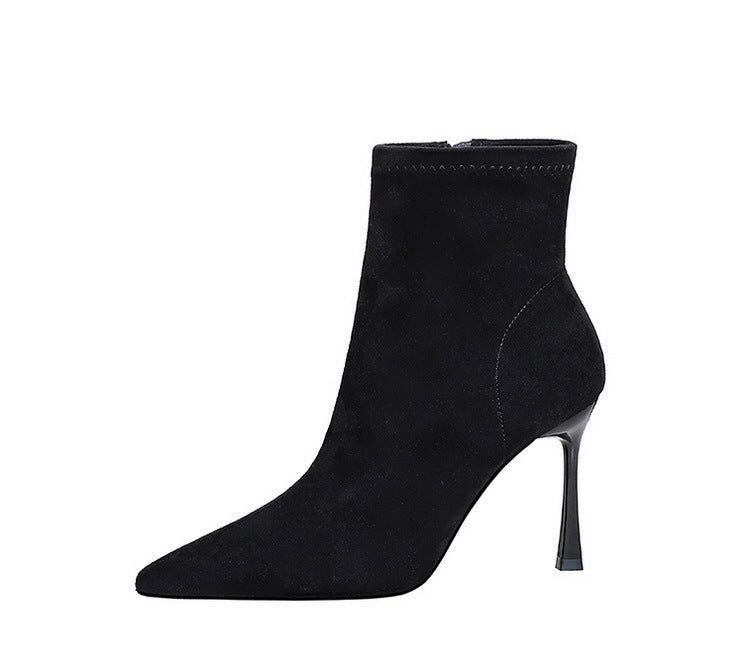 Elegant black suede langry fashion ankle boot with slender high heel