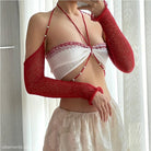 Red and white sexy oversleeve knitted halter top with stylish arm sleeves