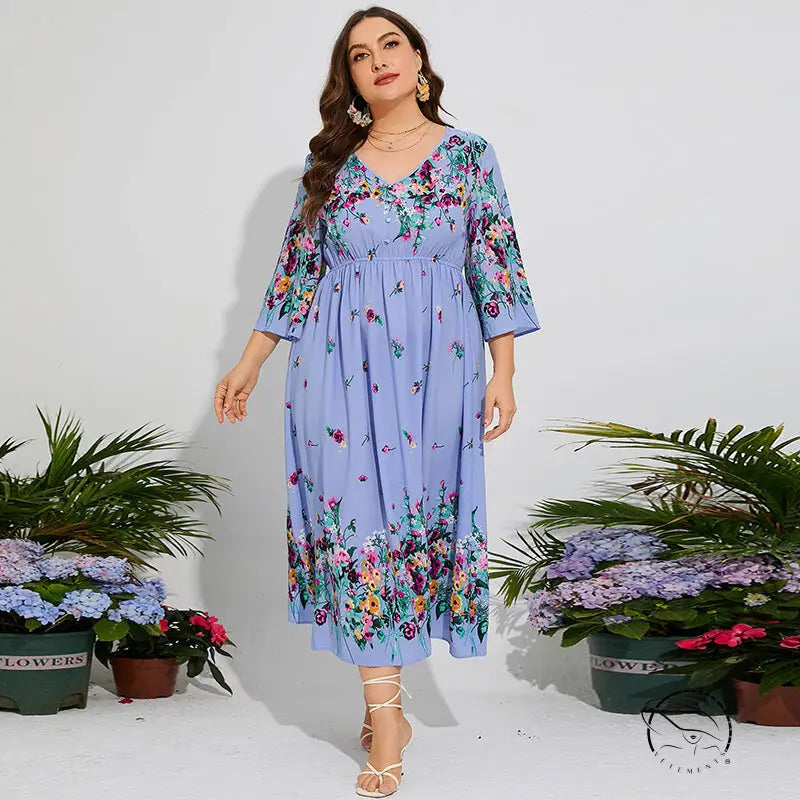 Plus-size floral chiffon spring dress with elastic waist in periwinkle