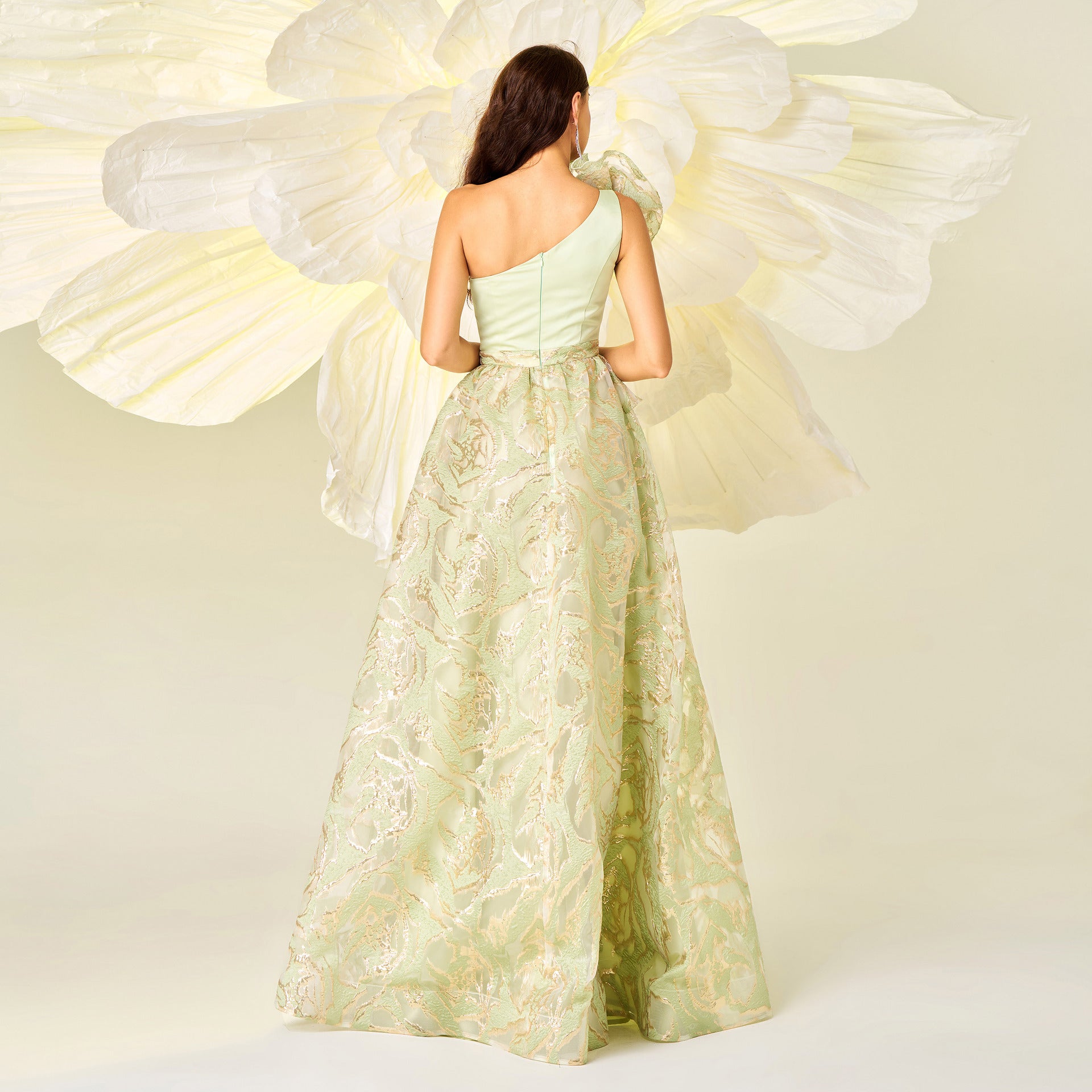 Elegant light green one-shoulder gown for high-end fashion and ملابس by Langry