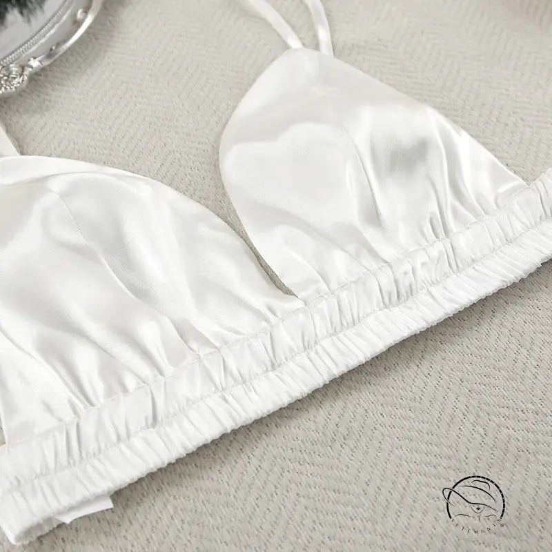 Comfortable silk feather nightgown with white satin bralette and ruched elastic band