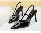 Classy langry fashion black patent leather high-heeled sandals with rhinestone buckle