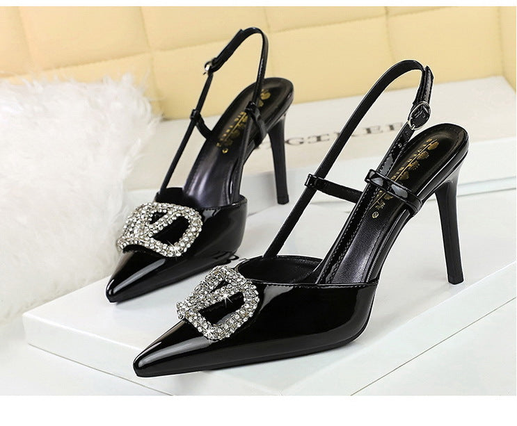 Classy langry fashion black patent leather high-heeled sandals with rhinestone buckle