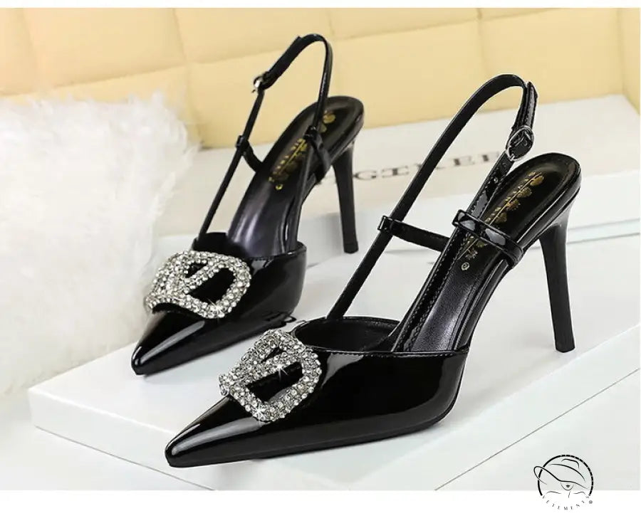 Classy langry fashion black patent leather high-heeled sandals with rhinestone buckle