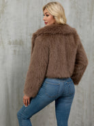 Plush taupe faux fur cropped jacket with fluffy collar by Langry fashion
