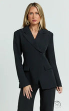 Black slim fit blazer with double-breasted lapels and button closure