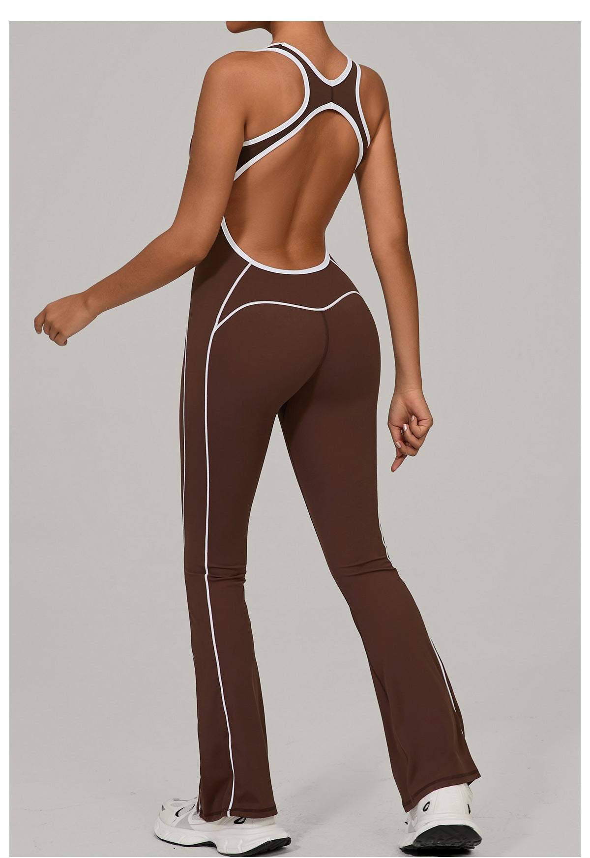 Brown Langry Beauty Back Yoga Jumpsuit with white piping