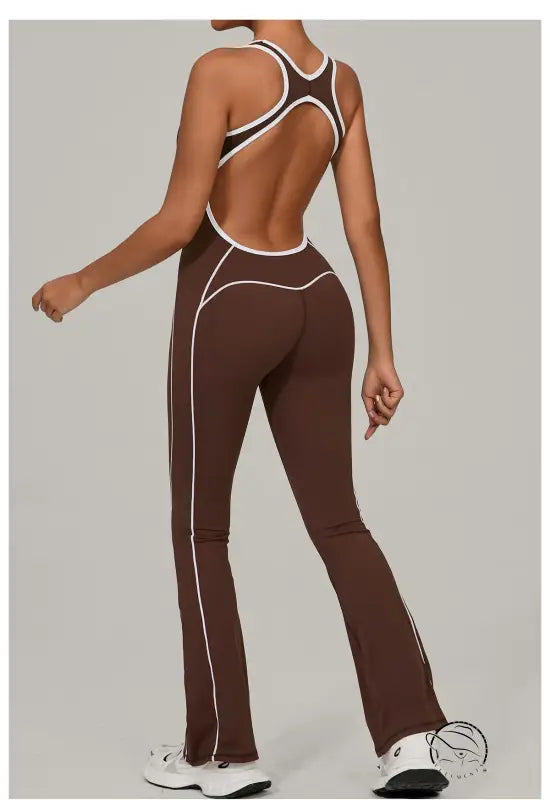 Beauty Back Yoga Jumpsuit in brown langry fashion ملابس with white piping