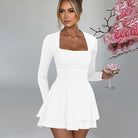 Elegant Ruffles Simple Dress in white featuring long sleeves and a square neckline for fashion