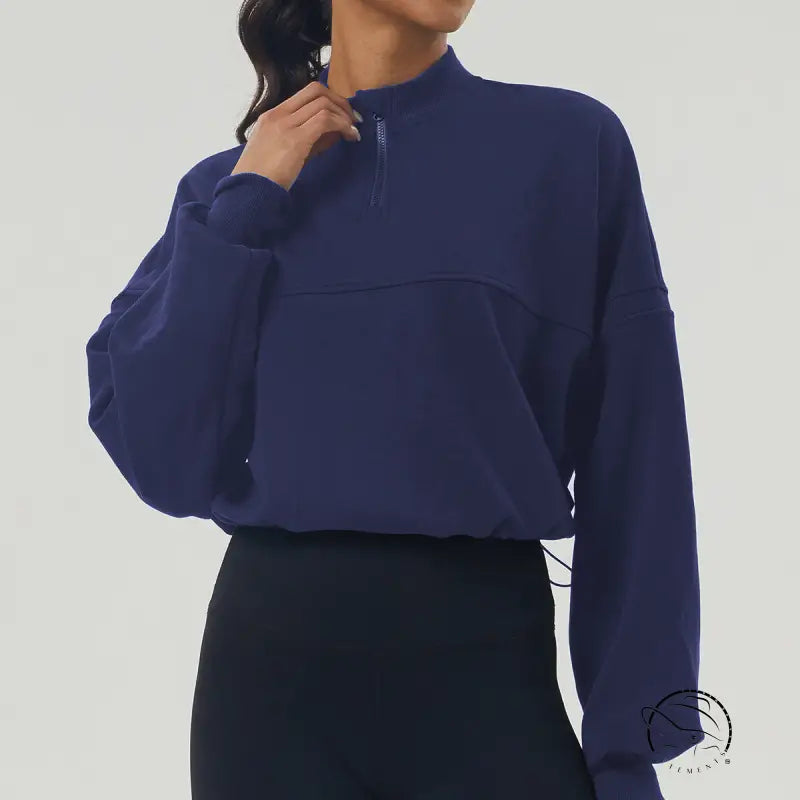 Navy blue cropped autumn winter thickened sweater for women