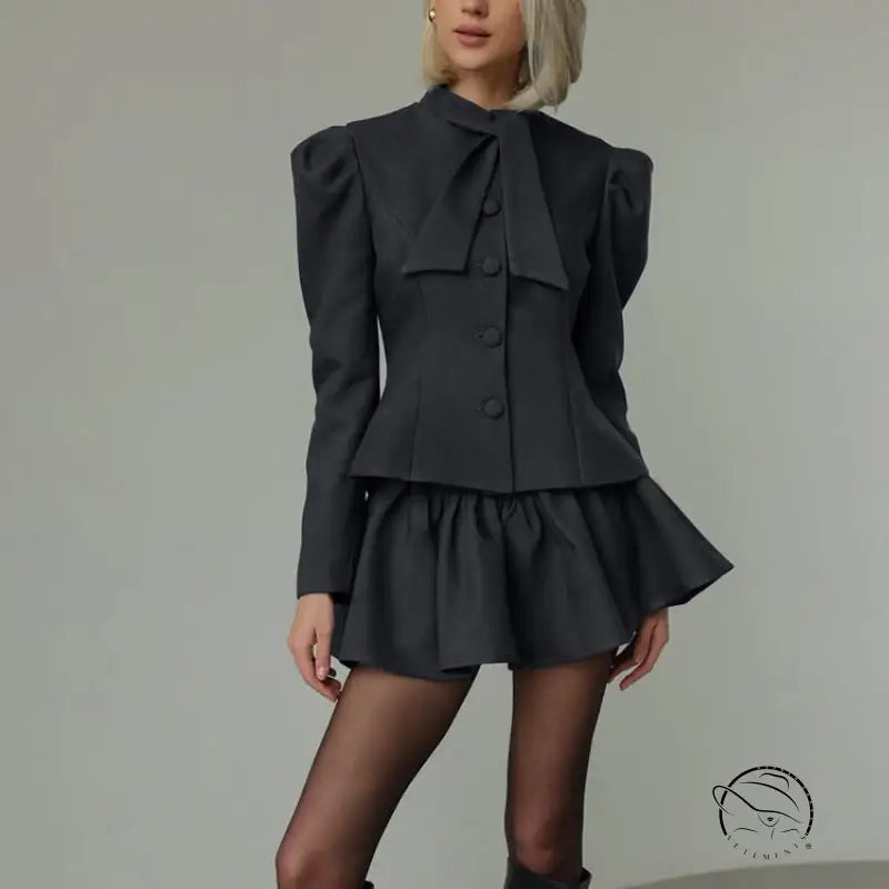 Niche Design Bow Tie Long Sleeve Top Skirt High Sense Two Piece Sets Elegant Outfit