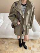 Langry fashionable olive green retro trench coat with black buttons