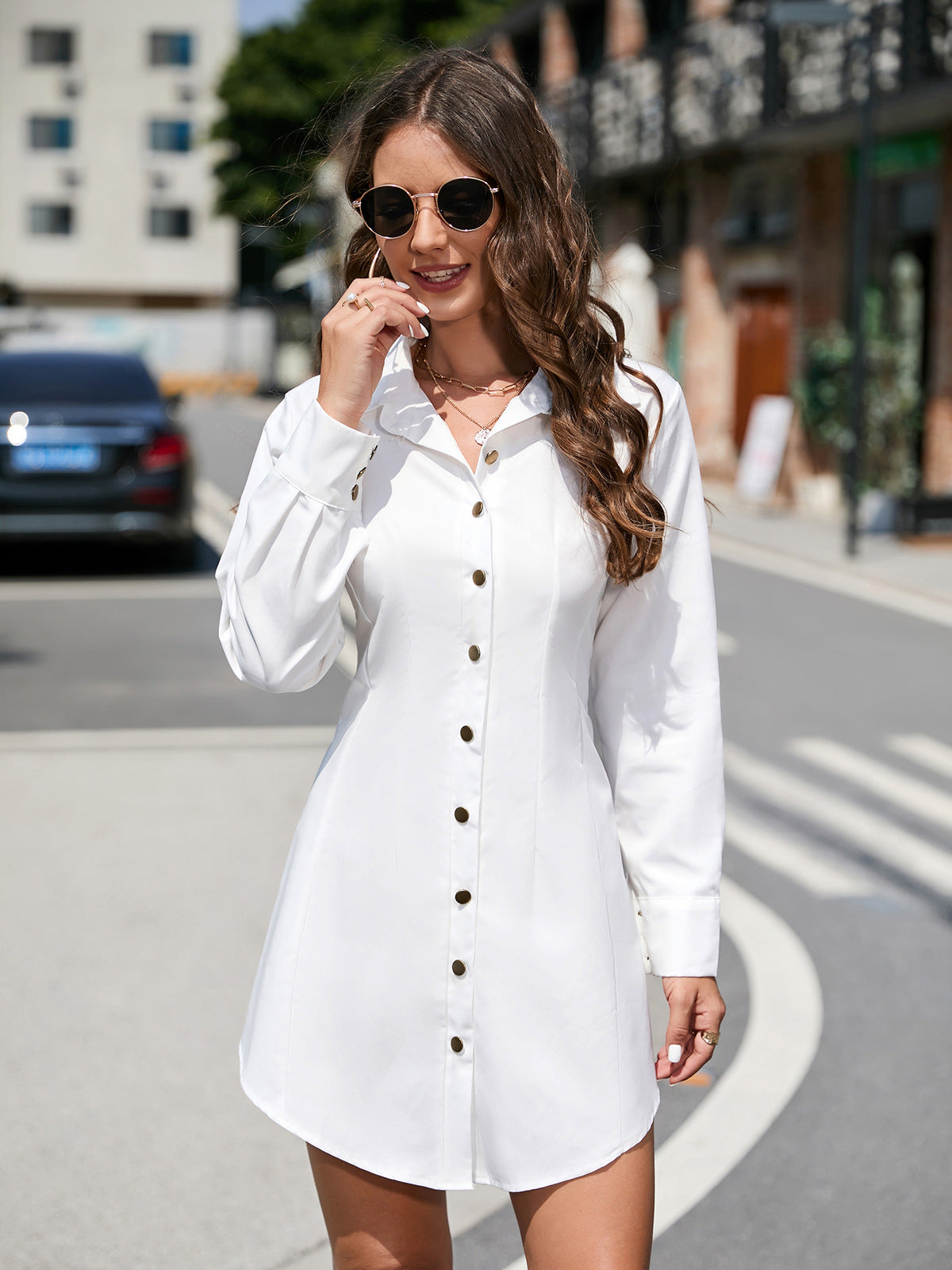 Elegant White Button-Down Shirt Dress, a stylish long sleeve fashion choice for any occasion