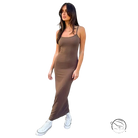 Sleek taupe spaghetti strap midi summer comfort dress, fitted silhouette