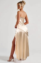 Champagne satin Langry formal dress with high slit and gold trim