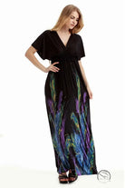 Black holiday beach dress with feather print