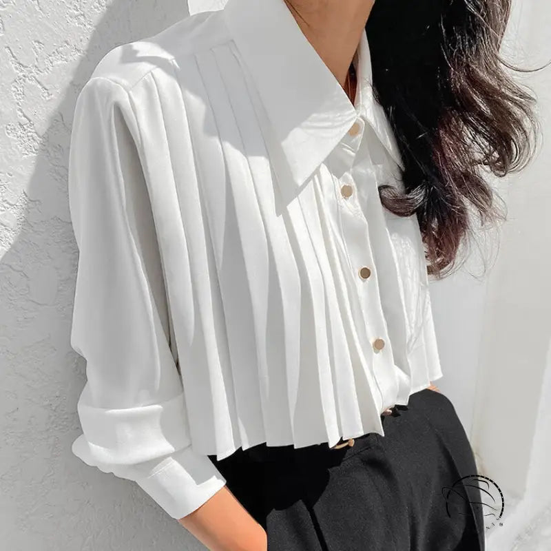 French elegant chiffon white pleated crop shirt with gold buttons