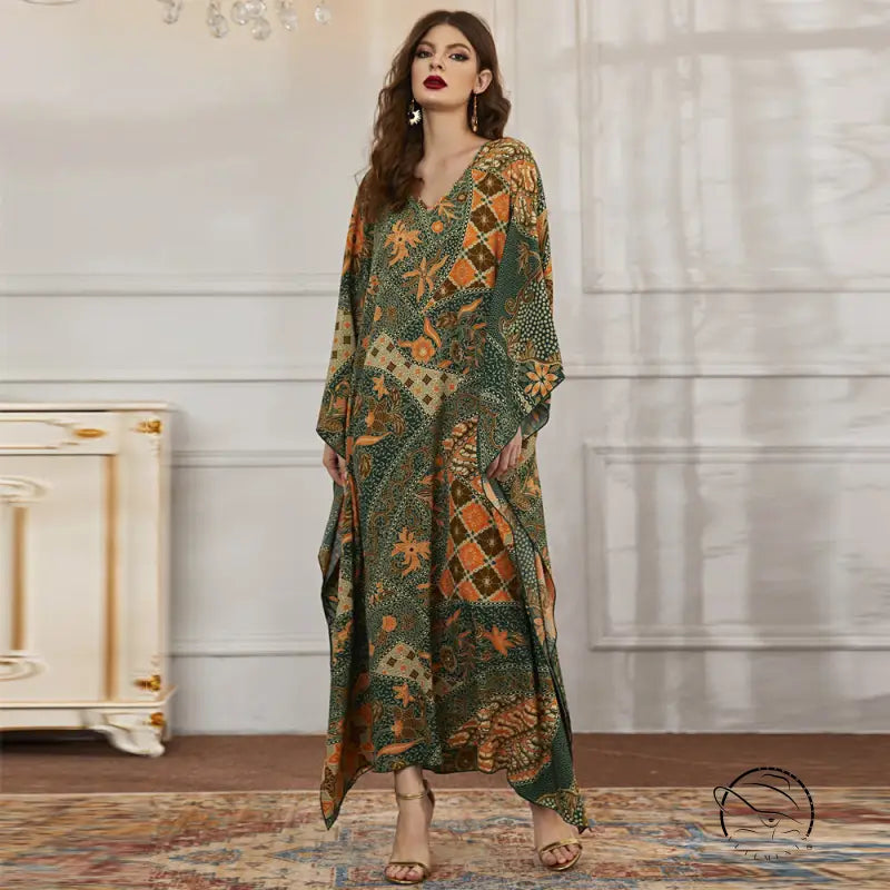 Elegant V-neck batwing sleeve langry fashion dress in green orange floral pattern