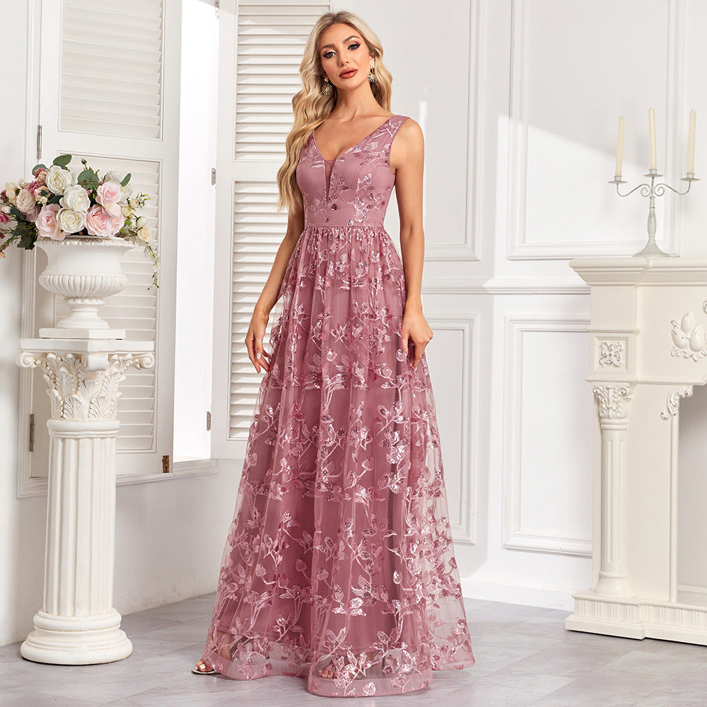 Mauve floral embroidered formal dress with mesh floral print and sleeveless design
