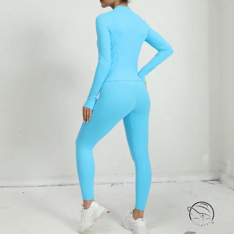 Blue high-waist yoga clothes suit with zipper detail, three piece