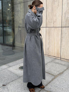 Langry fashion winter lace-up baggy woolen coat with belt and wide sleeves