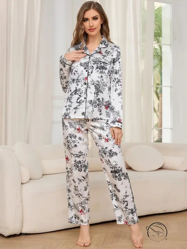 Women’s floral print satin pajama set with winter long sleeved trousers