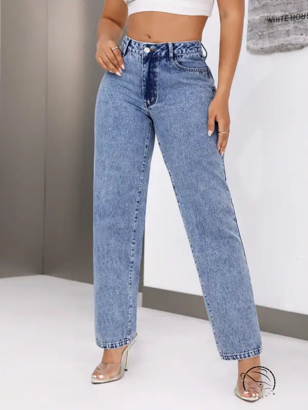 Women retro high waist straight leg denim trousers in light wash acid style