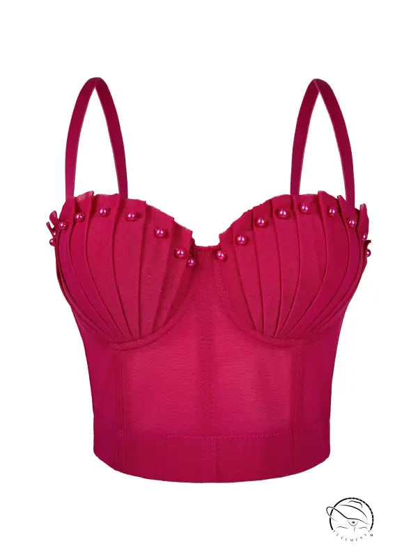 Langry fashion mesh pleated boning corset in magenta with pearl embellishments