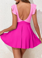 Pink two-toned dress with ruffled cap sleeves and open back design for Langry fashion ملابس