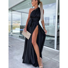 Elegant one-shoulder black maxi dress for casual spring summer fashion ملابس