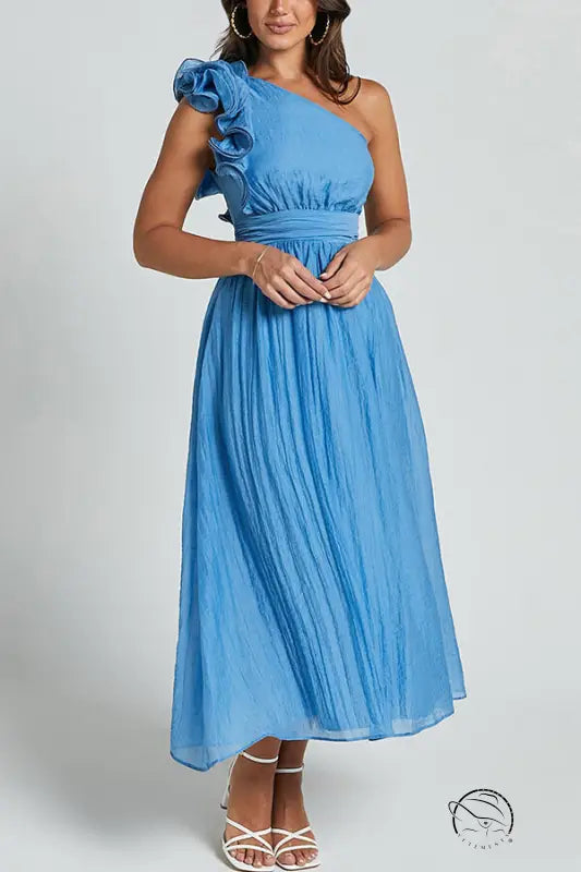 Stunning backless light blue one-shoulder midi dress with ruffles