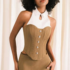 Elegant brown and white langry fashion halter office vest with buttons