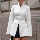 Langry fashion white waist-fitted slim blazer with high collar and buttons