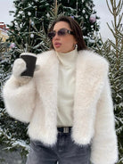 Gorgeous faux fur Langry fashion jacket with black belt and sunglasses