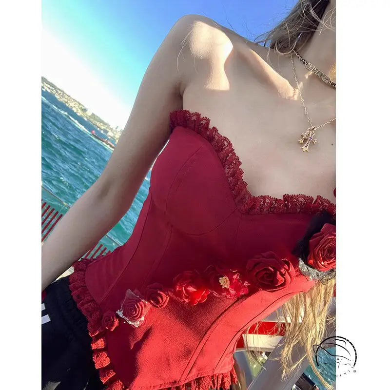 Red rose strapless lace boning corset with ruffled silk bodice