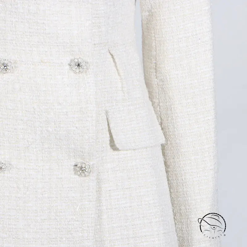 White langry fashion tweed blazer dress with off-shoulder sleeves and waist pockets