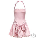Pink attractive bow halter slim dress with satin fabric and waist bow