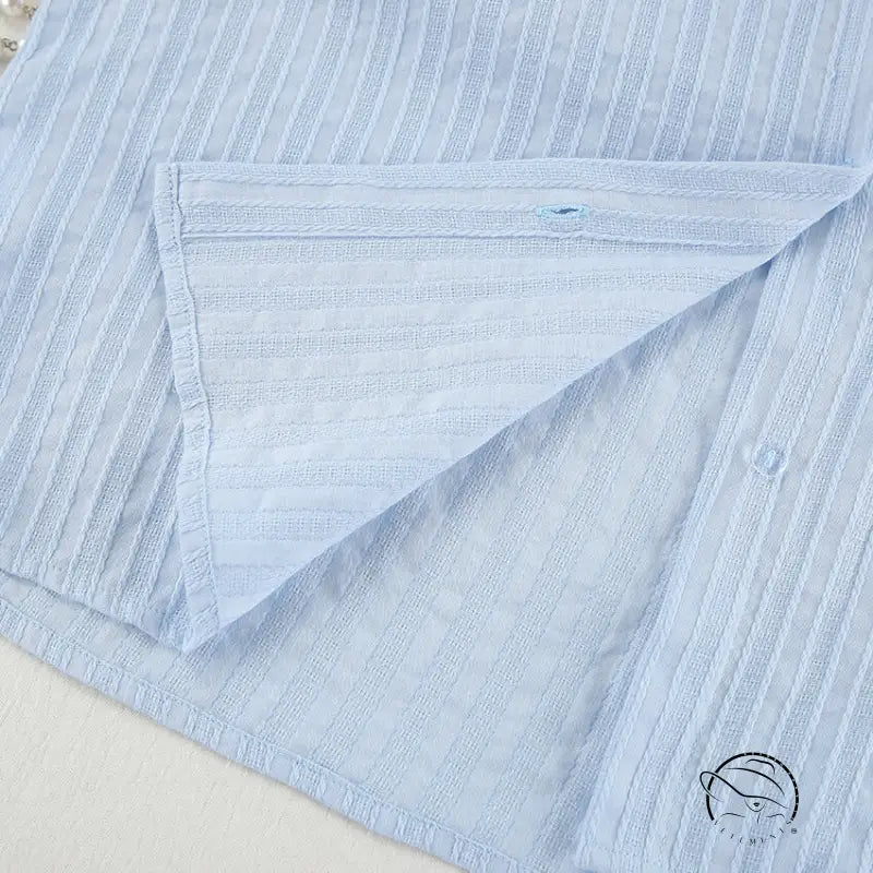 Light blue textured striped pure cotton home wear long sleeves cardigan set