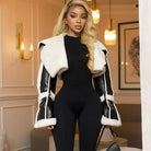 Langry fashion cropped coat with faux leather stitching and black white shearling fur collar