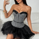 Langry fashion grey lace corset top with black tulle skirt and floral embroidery
