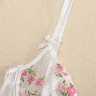 White floral embroidered lingerie top from the Floral Embroidered Chest Bow Sheer Mesh Two Piece Set showcasing elegant Langry fashion