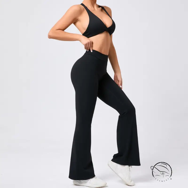 Peach hip raise tight brushed yoga clothes with black flared pants