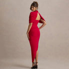 Elegant slim pleated red dress with cutout and capelet details